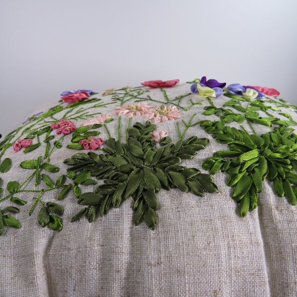 Ribbon Embroidered Spring Pillow Floral Design with Heather back - Picture 4 of 6